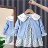 Koreanska barns kläder 2023 Spring Pastoral Two Piece tröja Matchning Set Cotton Floral Kids Dresses for Girls 1 till 6 Year 231228