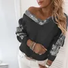 Kvinnors tröjor Autumn Winter Sweater Top Women Solid Color Sequin Stitching Pullover Sexig långärmad off-shoulder v-ring
