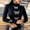 Womens Tops Spring Sexy Hollow Out Slim T-shirts Elegant Butterfly Print Turtleneck Blouses Pullover Fashion Casual Blusa