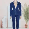 Women's Two Piece Pants Vintage Denim 2 Sets Women Outfit Autumn Winter Clothes V-Back Cutout Top And Pant Jean Tracksuit Set