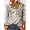 Wish Cross Border T-Shirt Leisure Women Autumn/Winter clothing Loose Long Sleeved Geometric Flower Mang U-Neck Button For brand