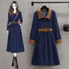 Casual Dresses Women Denim Daily Slim Long Sleeve Belt Knee-Length Solid Office Lady Large Size Elegant Fashion Chic Dress