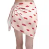 Women's Swimwear Sexy Chiffon Pareo Red Lips Lipstick Cover Up Wrap Kaftan Sarong Skirts Print Beach Wear Swimsuit Bikini Ups