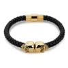 Sell Mens Black Genuine Leather Braided Skull Bracelets Men Women Stainless Steel Gold North Skull Bangle Fashion Jewelry3307