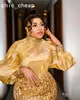 2024 ASO EBI Gold Mermaid Prom del ballo Cristalli di piume Feather Formale Formale Reception Birthday Gowns Abiti abiti Robe de Soiree ZJ390