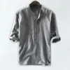 Camicie casual da uomo Camicia con bottoni in cotone e lino O-Collo Camicette in tinta unita Primavera Autunno Top con maniche a 3/4 Abbigliamento quotidiano Abbigliamento maschile