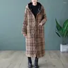 Women's Trench Coats Retro Quilted Plaid Hooded Cotton Clothing Autumn Winter Loose Casual Warm Jackets Long Parkas Bd325