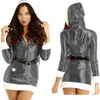 Casual Dresses Sexy Shiny Metallic Full Sleeves Bodycon With Hat Sleeveless Faux Leather Club Fron Zip Mini Dress Party Cocktail