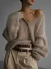Elegant V Neck Mohair Soft Cardigan Women Loose Solid Long Sleeve Warm Plush Sweater Coat Lady Winter Chic Female Knitwear 231228