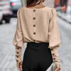 Damesblouses Dames Herfst Winter O-hals Shirt met lange mouwen Tops Knoppen Achterkant Loose Fit Effen Kleur Trui Blouse Streetwear