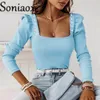 Women's T Shirts Sweet Style Beaded Square Neck Bubble Long Sleeve Tops Autumn Winter Solid Color Pit-stripe Fabric T-Shirt Slim Fit Tees