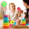 Torre arcobaleno rotante Montessori Puzzle impilabile per bambini Giocattoli Sicurezza e protezione ambientale Bambini colorati 231228