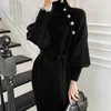 Autumn Winter French Temperament Undercoat Sweater Long Knee-length Knitted Dress Belted High-neck Loose Knit 231228