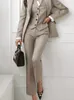 Kore Moda Kadınları Blazer 3 PCS Vintage Uzun Kollu Takım Ceket Yelek ve Düz Pantolon Takım Kadın Şık İş Kıyafetleri 231227