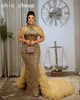 2024 Aso Ebi Gold Mermaid Prom Dress Crystals Beaded Sequined Lace Evening Formal Party Second Reception Birthday Engagement Gowns Dresses Robe De Soiree ZJ389