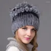 Berretti Vera Pelliccia Di Rex Erba Cappello Lavorato A Maglia Jacquard E Capelli Caldi Protezione Per Le Orecchie Da Donna In Inverno