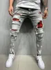 Męskie chude rozryte dżinsy mody siatka żebrakowe plastry Slim Fit Schody Casual Denim Pencil Pants Malowanie joggingów Mężczyźni 231227