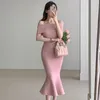 Solid Color Knit Mermaid Dress Women Elegant One Shoulder Short Sleeve Pink Knit Dress Korea Sexig Tight Black Dress 231228