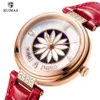 Ruimas Women Watches Luxury Red Leather Strap Automatisk armbandsur Flower Dial Mechanical Watch Lady Girls Waterproof Clock 6776233B