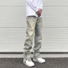 Streetwear Vibe Vintage Distressed Washed-Hose, gelber, schlammgefärbter Reißverschluss, geteilte, gerade Jeans, Herren- und Damenbekleidung