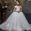 Elegant White Puffy Tulle Flowle Girl Dresses For Wedding 2024 Princess Ball Gown Lace Appliques First Commonion Downs With Bows