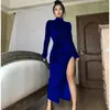 Casual Dresses Split Thigh Ruched Dress Elegant Solid High Collar Long Sleeve Party Women's Clothing