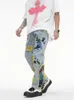 中国の絵画刺繍パッチデニムは、男性用にジーンズをリッピングしたストリートウェアを洗浄した破壊されたプリーツタッセルストレートジャン男性231227