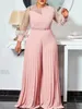 S-5xl Herfstoutfits Vrouwen Roze Mode Plus Size Jumpsuit Slanke Geplooide Lange Mouw Rompertjes Elegante Kleding Groothandel Drop 231227