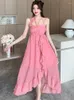 Vestidos casuais verão rosa jacquard chique praia praia de vestido de verão feminino elegante luxunhão longa vestido 2023 coreano bodycon noite