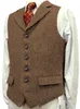 Męska wełna Tweed Slim Fit Botton Burgundia Vest Gentleman Herringbone Biznes Brown Waistcoat Blazer dla weselnego pana młodego 231227