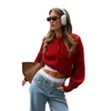 Fall Women Retro Sticked Croped Red Cardigan Ladies Single Breasted långärmad tröja Fashion Casual Warm Thicken Short Tops 231228