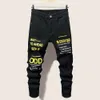 Stretchy rasgado magro para homens motociclista carta impressão dos desenhos animados buraco destruído fino ajuste denim hip hop preto jeans