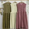 Casual Kleider Vintage Stickerei Süße Spitze Gespleißt Cord Frauen Herbst Japanische Mori Mädchen Ärmelloses Einreiher Kleid