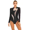 Scene Wear Womens Gymnastics Ballet Dance Leotard Långärmad glittrande Rhinestone Sheer Mesh Bodysuit Figur Skating Acrobatics Dancewear