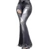 Jeans pour femmes Femmes Pantalons en denim évasés avec taille haute Trous déchirés Design Poignets à pompon pour bouton de fermeture à glissière d'automne
