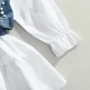 Moda crianças roupas de bebê menina cor sólida camisa de manga comprida vestido jeans miçangas colete 2 peças roupas 231228