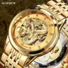 Relojes mecánicos automáticos con esqueleto de dragón de lujo para hombre, reloj de pulsera con correa de acero inoxidable, reloj dorado resistente al agua para hombre Y225W