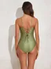 Groene slanke bikinisets met veters en uitsnijding, riem met stenen kralen en asymmetrische omslag, 2 stuks badkleding 2023Strandbadpak 231227