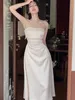 Summer Women Spaghetti Strap Elegant Midi Satin Dresses Wedding Evening Birthday Holiday Backless Prom Clothes 231227