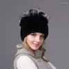 Berretti Vera Pelliccia Di Rex Erba Cappello Lavorato A Maglia Jacquard E Capelli Caldi Protezione Per Le Orecchie Da Donna In Inverno