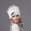 Berretti Vera Pelliccia Di Rex Erba Cappello Lavorato A Maglia Jacquard E Capelli Caldi Protezione Per Le Orecchie Da Donna In Inverno