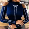 Womens Tops Spring Sexy Hollow Out Slim T-shirts Elegant Butterfly Print Turtleneck Blouses Pullover Fashion Casual Blusa