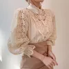Женские блузки во французском стиле, однотонная кружевная рубашка с воротником-стойкой и жемчужными пуговицами, модный топ