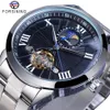 Forsining Klassische Männer Tourbillon Mechanische Uhr Mode Marke Schwarz Mondphase Business Stahl Band Automatische Uhr Reloj Hombre254Z