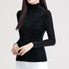 Mulheres camisetas Mulheres Coreano Moda Gola Alta Sexy Brilhante Seda Elegante Pelúcia Camisa Básica Outono Inverno Preto Manga Longa Slim Pullvoer