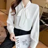 Blusas femininas camisa branca chiffon arco blusa elegante das mulheres topos roupas de trabalho manga lanterna vintage outono roupas femininas