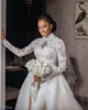 2024 Sexy African Mermaid Wedding Dresses High Neck Illusion Lace Appliques Tulle Long Sleeves Detachable Train Overskirts Muslim Formal Bridal Gowns Plus Size
