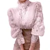 Женские блузки во французском стиле, однотонная кружевная рубашка с воротником-стойкой и жемчужными пуговицами, модный топ