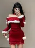 Winter Kerst Bodycon Gebreide Mini Jurk Vrouwen Casual Lange Mouw Zoete Elegante Zelfs Feestjurk Koreaans Bont 231228