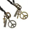 Pendant Necklaces Boho Gypsy Hippie Punk Cow Leather Alloy Vintage Peace Sign Cross Engraved Loop Tag Charms Wrap Adjust Unisex Ne2281